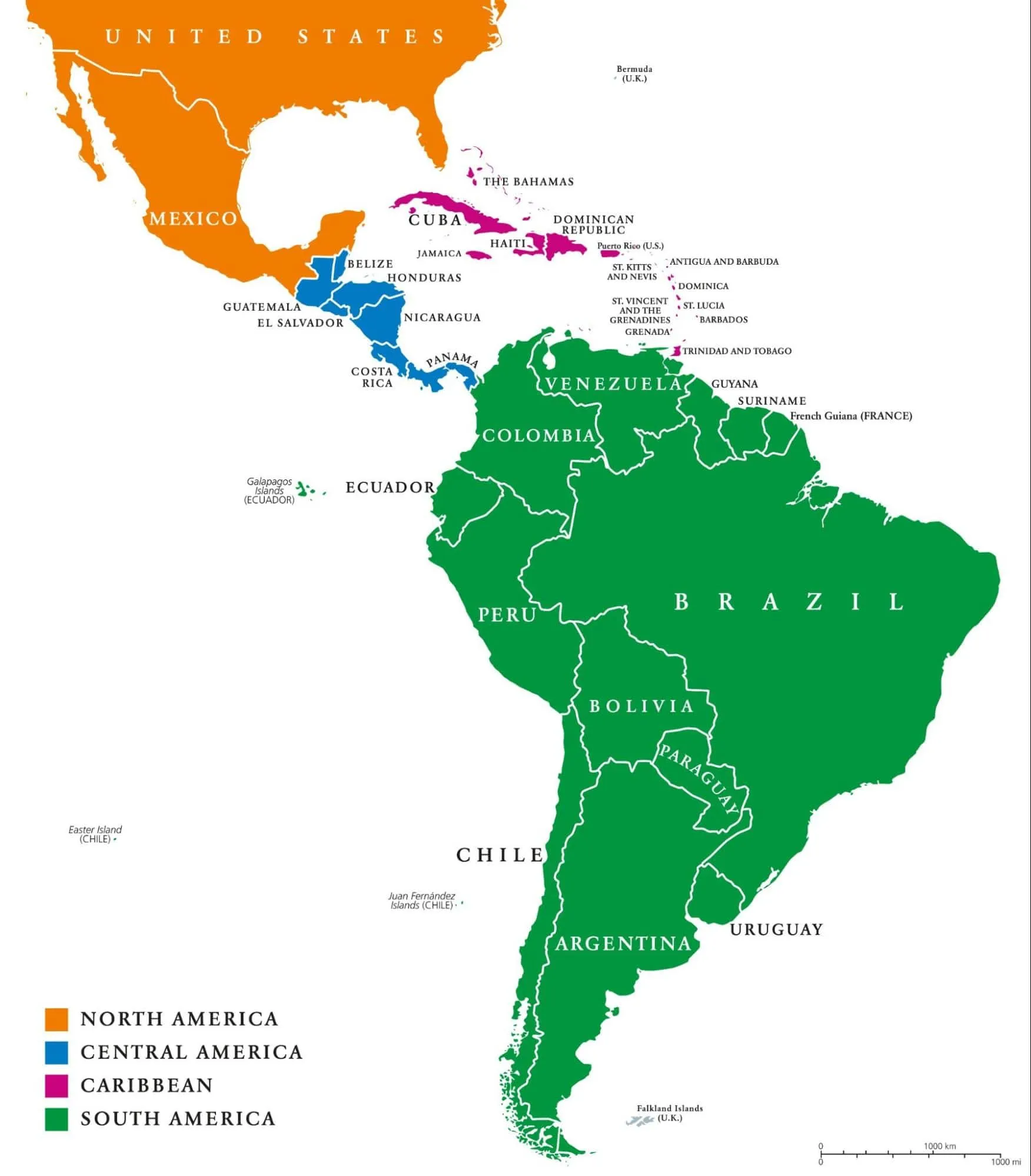Latin America (LATAM) regions map: North America, Central America, Caribbean, and South America. (mappr.co) 