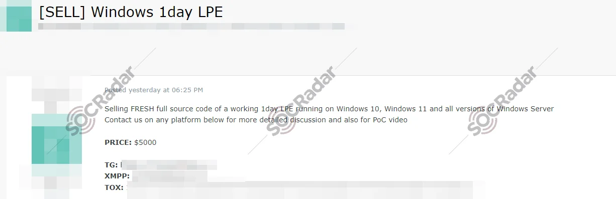 0-day Exploit of Microsoft Windows is on Sale