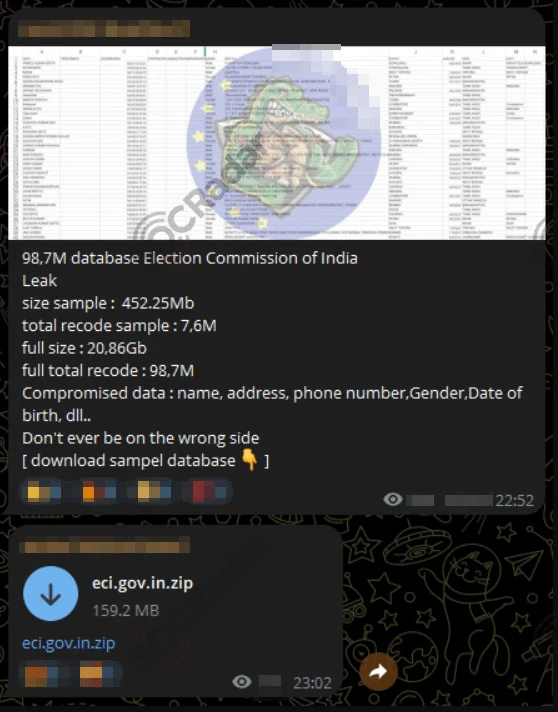 A Telegram channel monitored by SOCRadar. Claiming to have the database of Election Commission of India