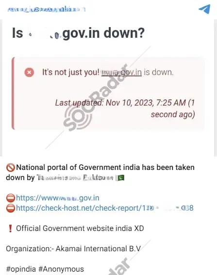 A threat actor monitored by SOCRadar announces their cyber attack on the National Portal of India