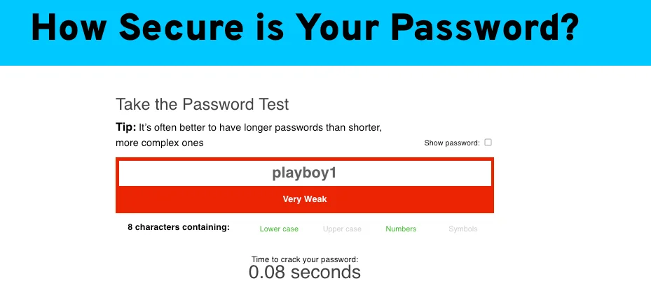 Password Monster shows how easy it is to guess the password “playboy1” in 0.08 seconds. This password is in the top 5 on our list.