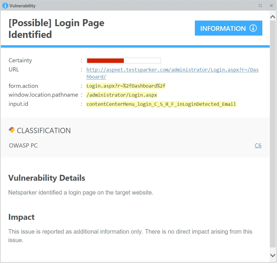 A possible login page notification fired by a DAST tool, Invicti