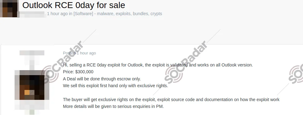 0-day Exploit of Microsoft Outlook is on Sale