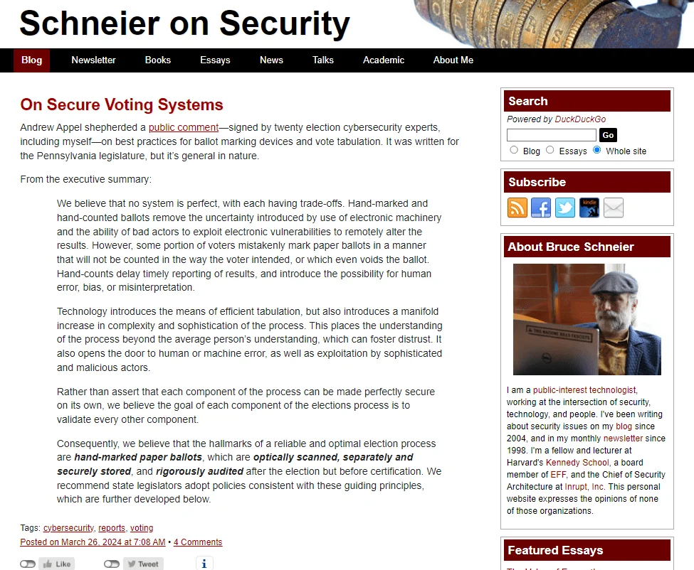 Schneier on Security main page