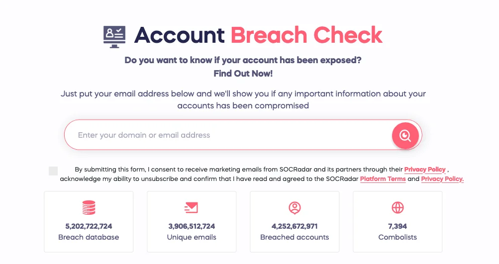 Account Data Breach Check service by SOCRadar
