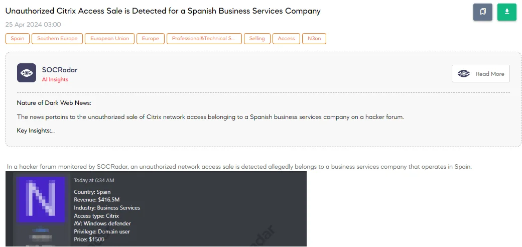 Unauthorized Citrix Access Sale is Detected for a Spanish Business Services Company
