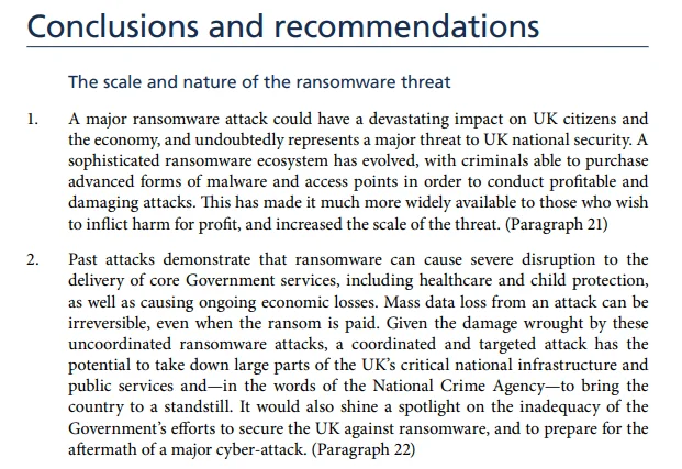 A hostage to fortune: ransomware and UK national security report conclusions and recommendations part