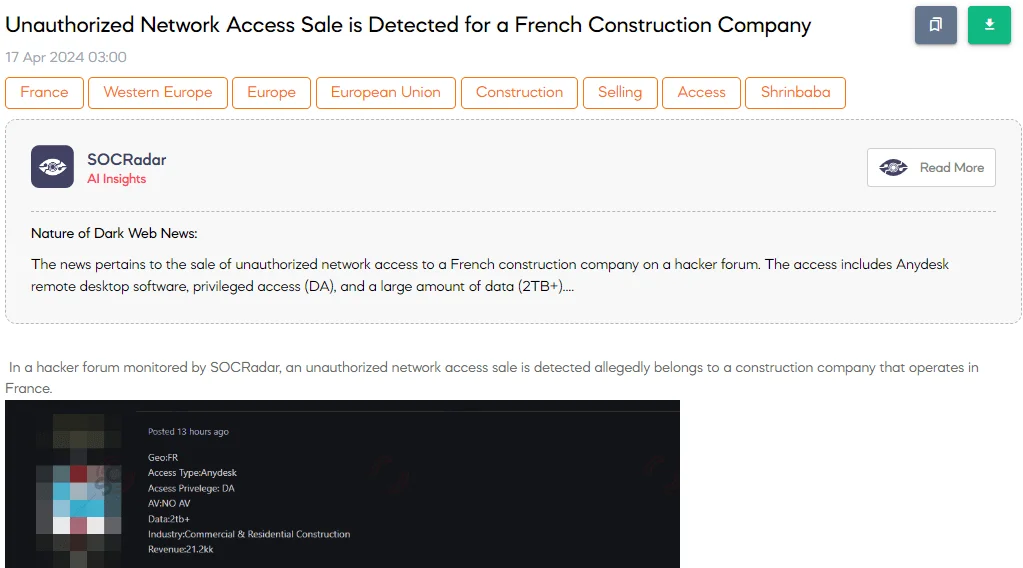 Unauthorized Network Access Sale is Detected for a French Construction Company