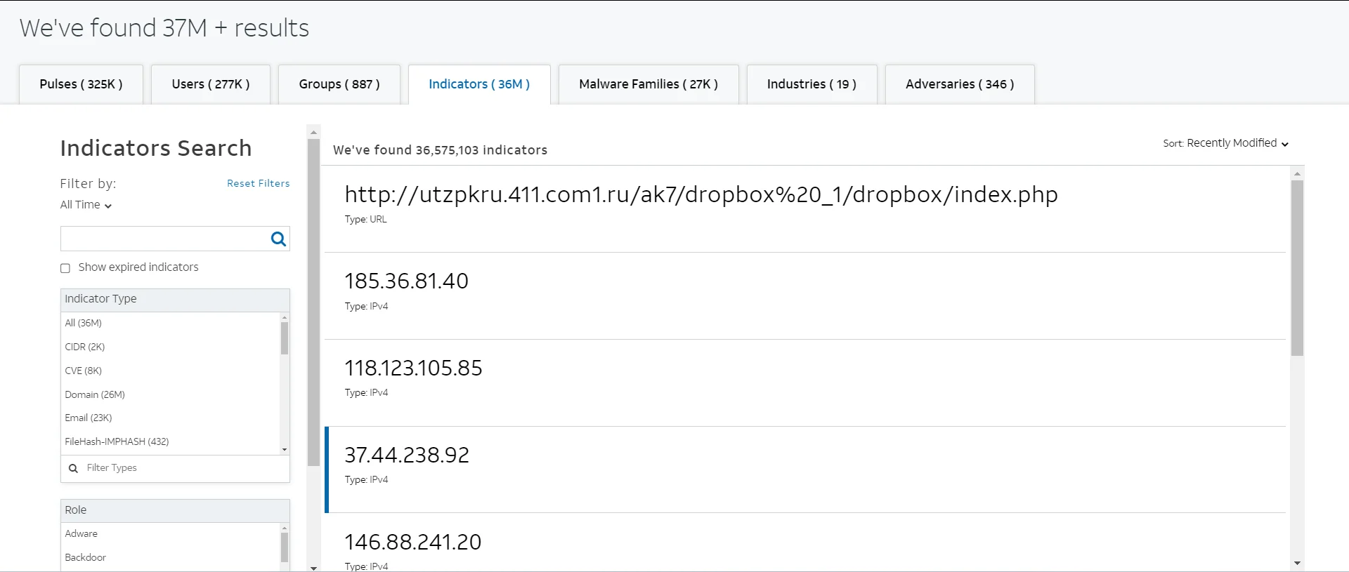 AlienVault Open Threat Exchange Indicators Search