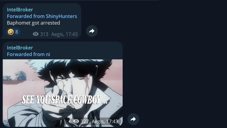 According to a message from ShinyHunters, forwarded by IntelBroker (an important member and recent moderator of BreachForums). Baphomet was the second-in-command at Breached and a founder of BreachForums with ShinyHunters. The image and text reference Cowboy Bebop, whose main protagonist was in Baphomet’s profile picture."