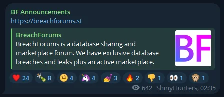 ShinyHunters made an announcement about BreachForums’ comeback on Telegram (X)