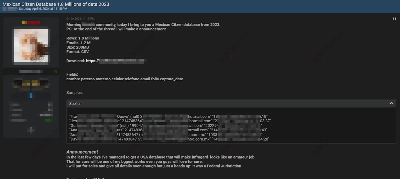 A threat actor detected by SOCRadar claiming to have a dataset of Mexican citizens
