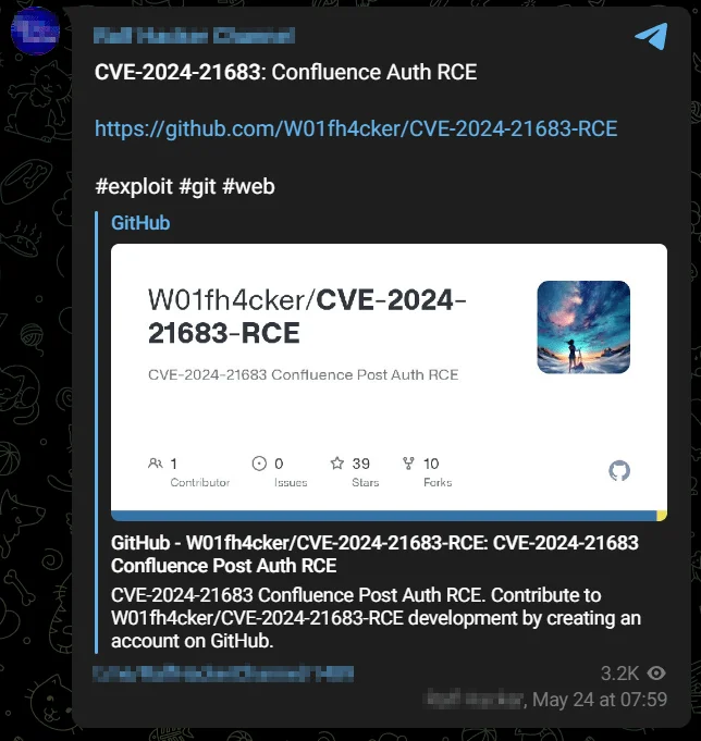 An exploit post for the Confluence RCE (CVE-2024-21683) was discovered on a Telegram hacker channel.