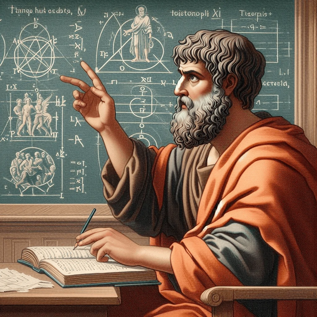 AI-generated visual depicts Aristotle teaching the basic rule of logic, Dall-E