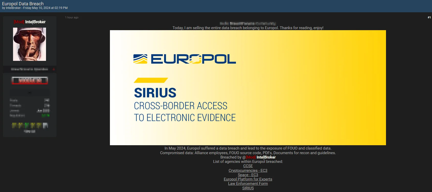 Europol data breach post by the threat actor