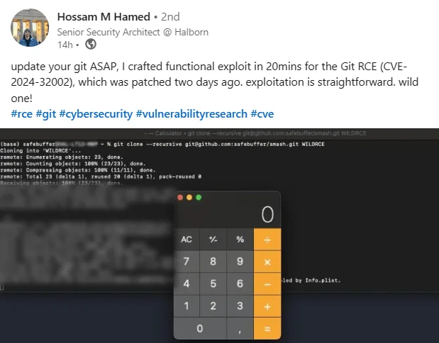 Exploit for the Git vulnerability, CVE-2024-32002 (Source: LinkedIn)