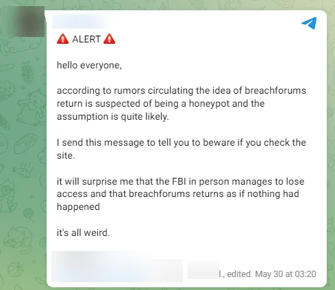 The statement about BreachForums was posted on the Telegram channel of a threat group