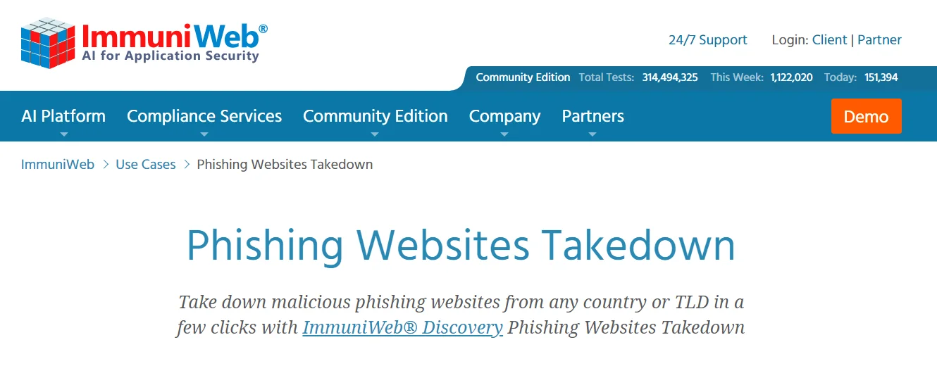 Immuniweb’s phishing domain takedown page