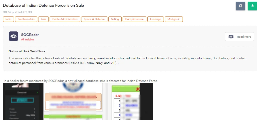 Database of Indian Defence Force is on Sale