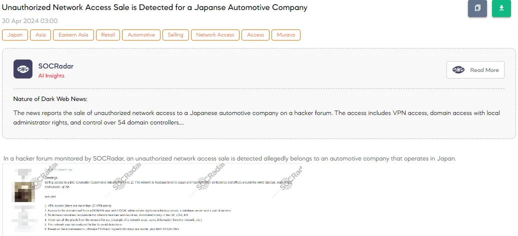 Unauthorized Network Access Sale is Detected for a Japanese Automotive Company