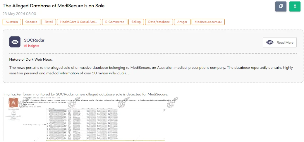 The Alleged Database of MediSecure is on Sale
