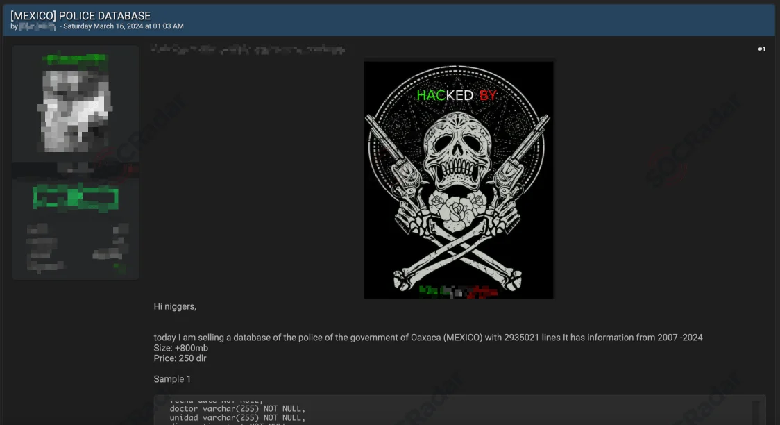 A threat actor is claiming to sell the Mexico Police database on a forum monitored by SOCRadar