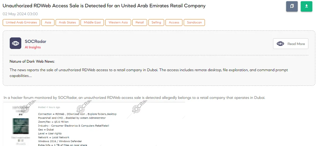 Unauthorized RDWeb Access Sale is Detected for a United Arab Emirates Retail Company