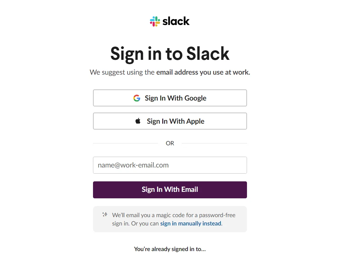 An example of magic link use in Slack under sign in