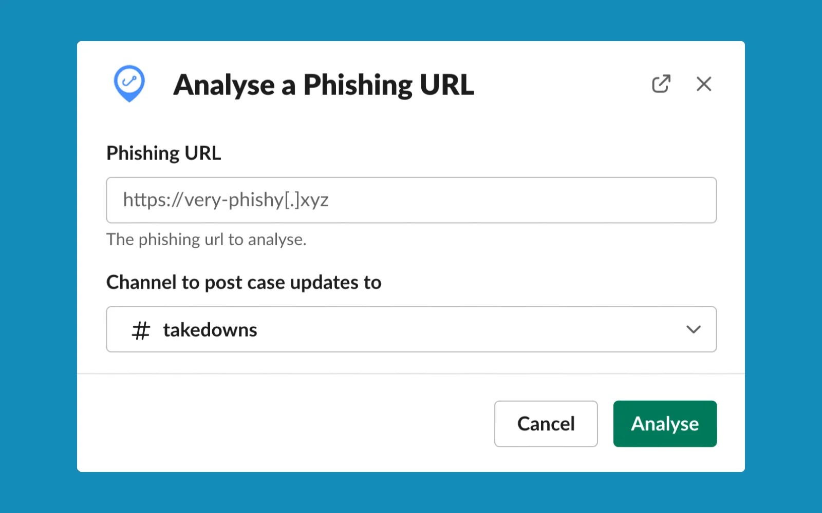 Using Phish Report to report fraudulent links in Slack by using their shortcut (image source: Phish Report) 