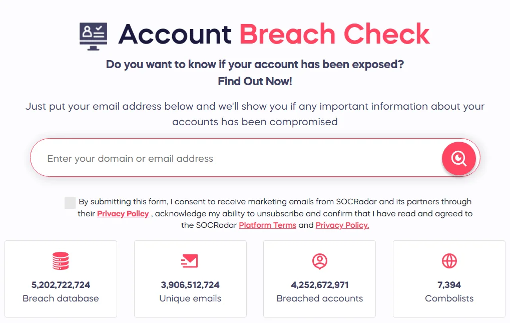 Free Account Breach Check, SOCRadar Labs