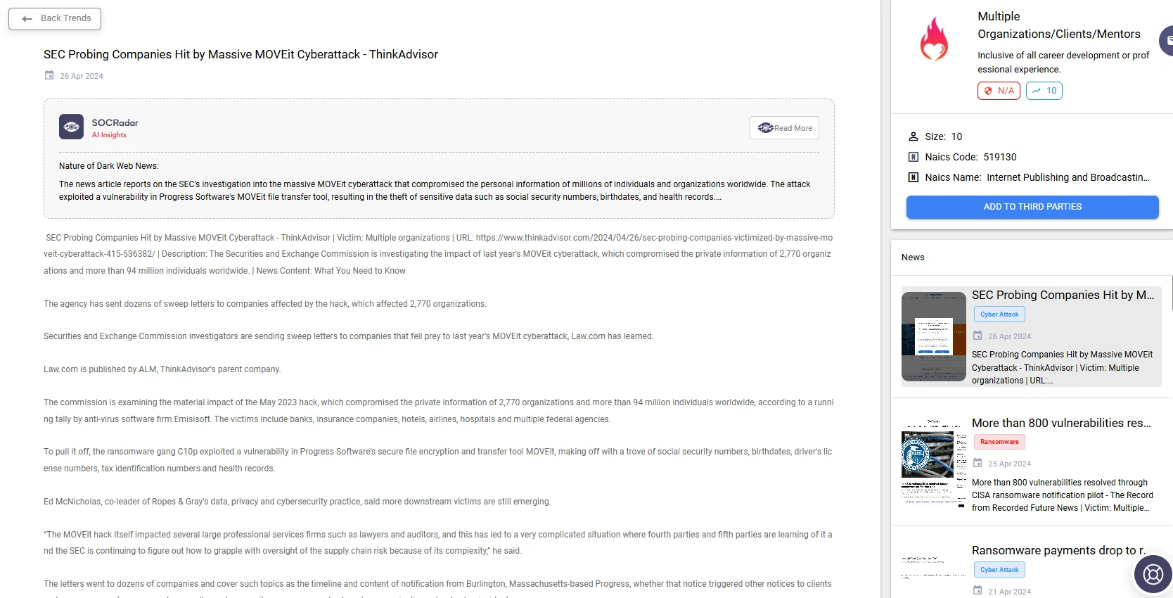 Details of a supply chain attack using the MOVEit vulnerability; the page provides access to related news and reports. (Source: SOCRadar Supply Chain Intelligence)