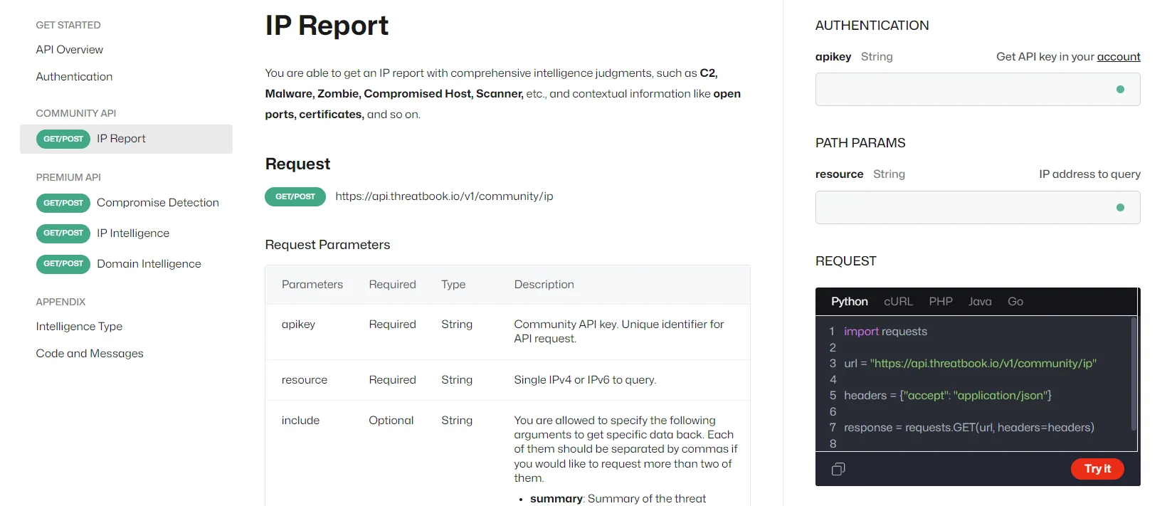 ThreatBook’s Community API only has IP Report function