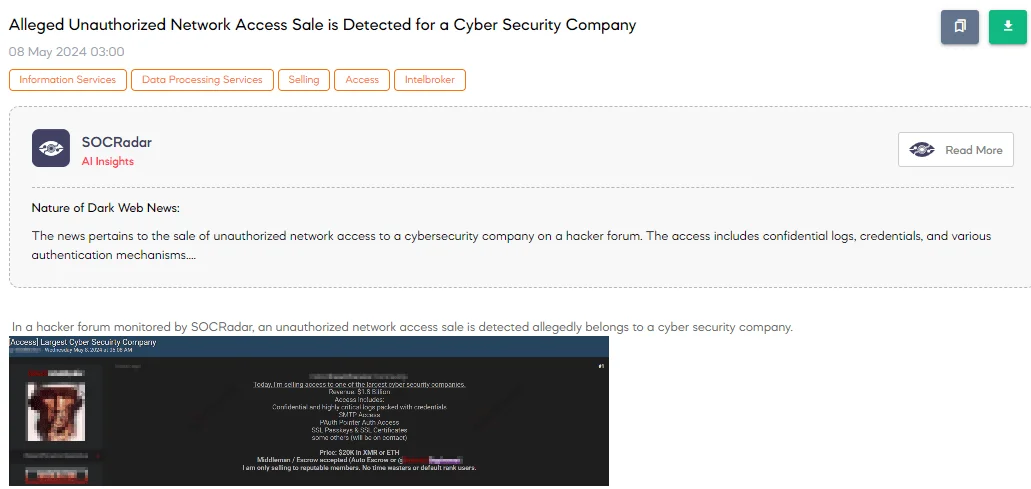 Alleged Unauthorized Network Access Sale is Detected for a Cyber Security Company
