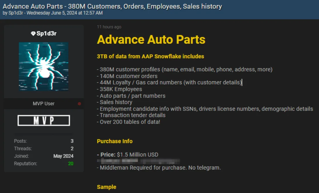 Advance Auto Parts data breach post by Sp1d3r