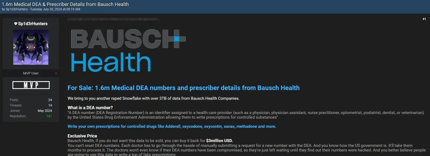 Bausch Health data breach post, spiderhunters, shinyhunters, healthcare, snowflake breach