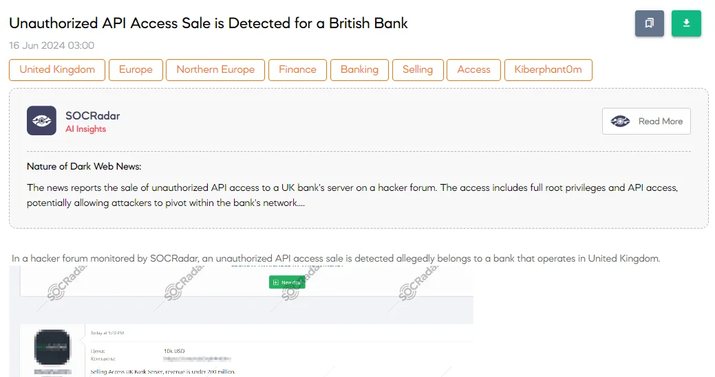 Unauthorized API Access Sale is Detected for a British Bank