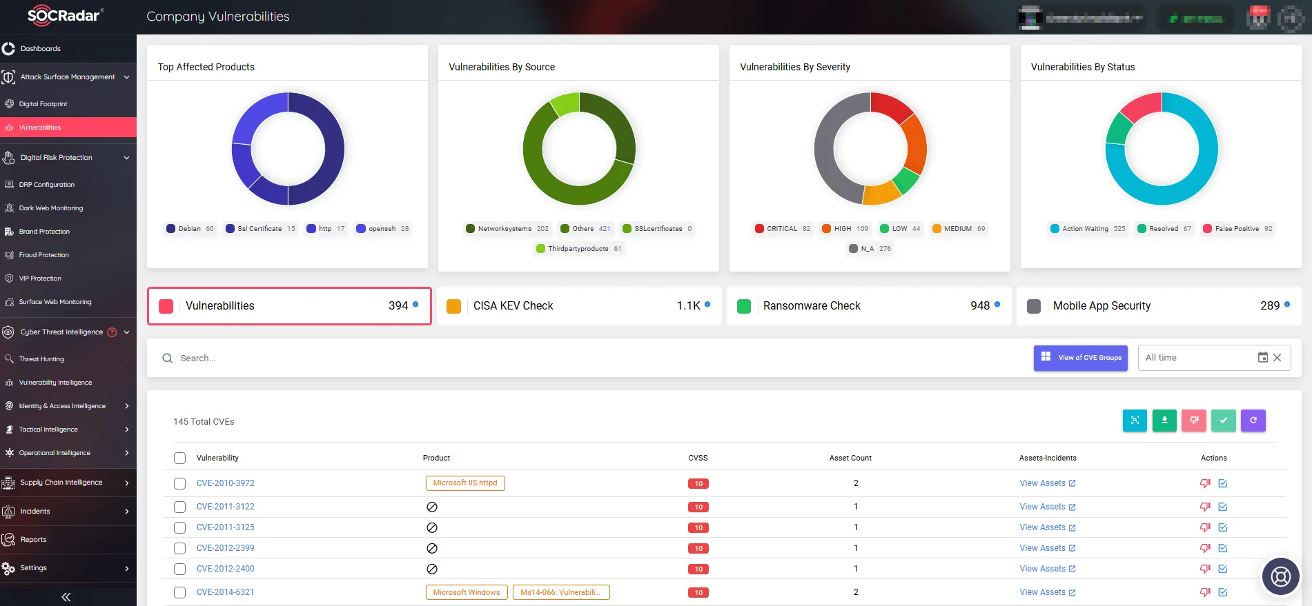 SOCRadar’s Attack Surface Management (ASM) module, Company Vulnerabilities page