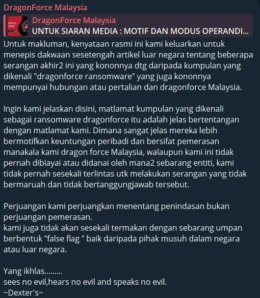 DragonForce Malaysia’s Telegram post about ransomware connection