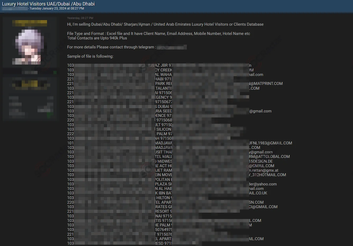A threat actor sharing hotel visitors’ data on a dark web forum monitored by SOCRadar
