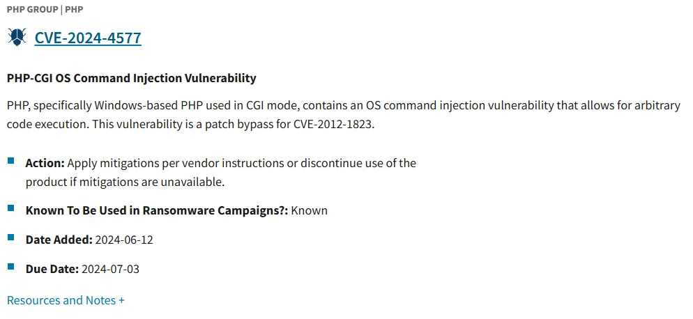 CISA KEV listing of the CVE-2024-4577 vulnerability in PHP