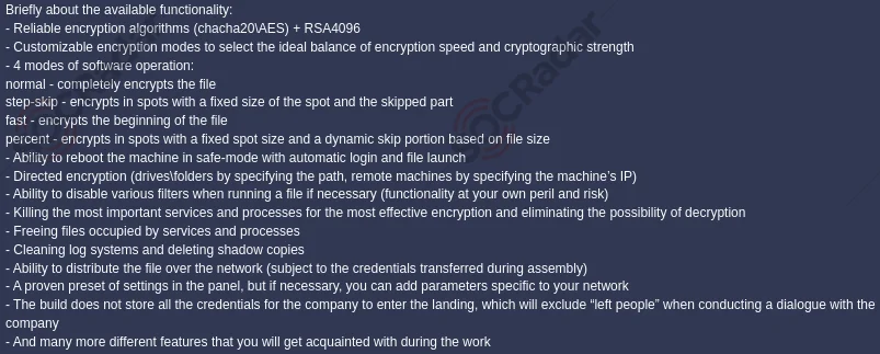 Qilin’s recruitment post includes details about its functionalities, the mentioned encryption algorithms are ChaCha20, AES, and RSA4096