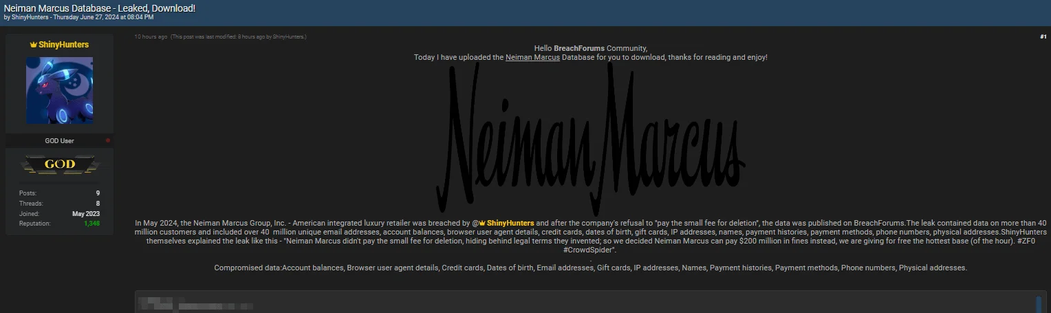 Neiman Marcus data leak post by ShinyHunters