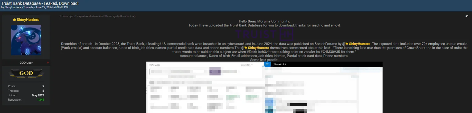 Truist Bank data leak post by ShinyHunters