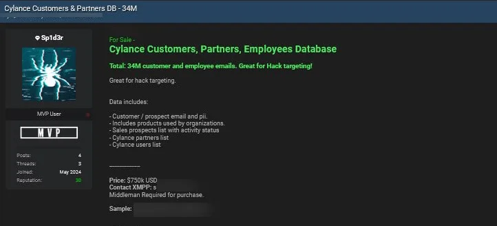Cylance data breach post by Sp1d3r