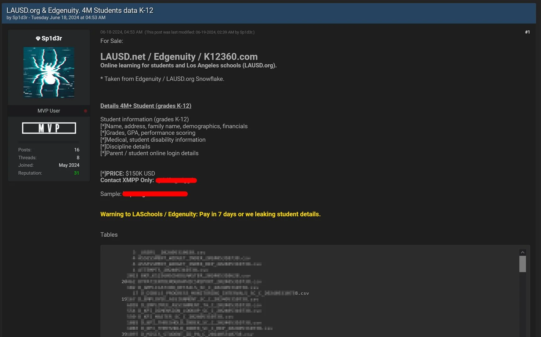 LAUSD.net, Edgenuity, K12360.com breach by @1ZRR4H