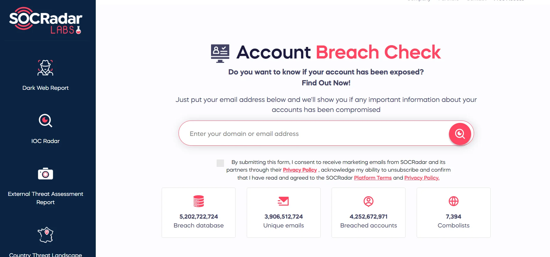 SOCRadar Account Breach Check