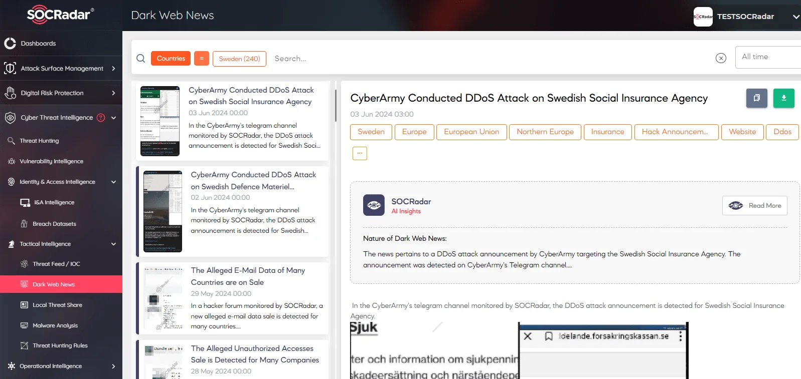 Under the SOCRadar’s CTI Module users may search for country specific news in Dark Web News