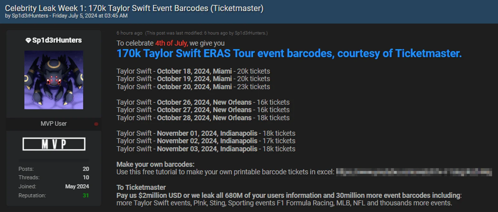 The leak post by ‘Sp1d3rHunters’ includes 170K Taylor Swift event barcodes, Ticketmaster, Snowflake breach