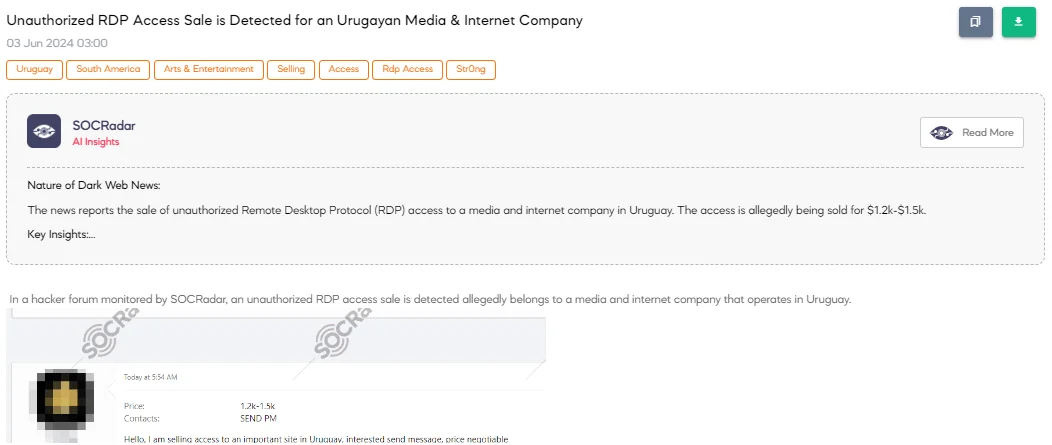 Unauthorized RDP Access Sale is Detected for a Uruguayan Media & Internet Company